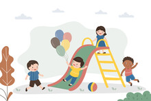 Happy Boy, Girls Kids Climbing Up Ladder, Sliding Down Slide Having Fun On Playground. Excited Children Enjoying Playing Outdoors. Childhood Active Leisure, Entertainment And Playtime