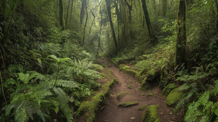 Wall Mural - Small hiking path running in the middle of a beautiful forest between the trees. Generative AI.