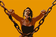 Black Woman Frees Herself From Chains. For Juneteenth Freedom Day, Remembrance Of The Slave Trade And Its Abolition, Black History Month Or Keti Koti. Vector In African Colors, Yellow, Green And Red. 
