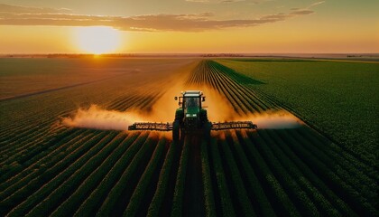 A tractor sprays an agricultural field with fertilizer on a sunset evening. Drone view. Illustration by Generative AI.