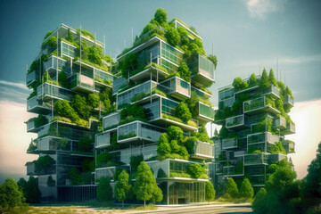 Wall Mural - Green buildings concept. Eco-friendly green apartment or office building with vertical garden design for sustainability, Modern architecture, covered with moss and plants. High quality generative AI
