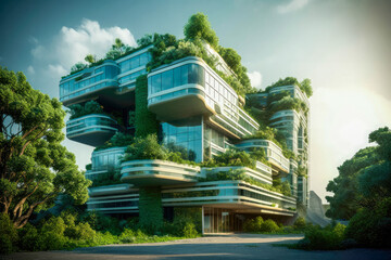 Wall Mural - Eco-friendly futuristic apartment or office building with vertical garden design for sustainability, Modern architecture, covered with moss and plants. High quality generative AI