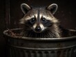 A curious raccoon peeking out of a garbage can