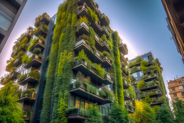 Canvas Print - Green buildings concept. Eco-friendly green apartment or office building with vertical garden design for sustainability, Modern architecture, covered with moss and plants. High quality generative AI