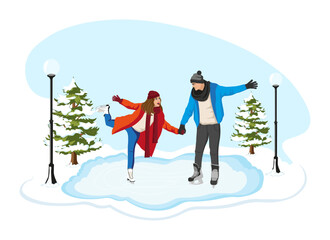 Wall Mural - Young couple skating on cityscape ice rink. Happy man and woman in love is having fun on first date. Romantic winter activity in wintertime. Family vacation on cold weekend. Flat vector illustration