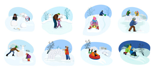 Wall Mural - Children active at snowy park in winter holidays. Kids playing snowballs. Child wearing warm jacket and sliding from slope on sled and tubing. Little boy made snow castle fortress. Vector illustration