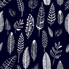  An esoteric themed seamless pattern featuring feathers and leaves