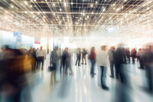 Background Of An Expo Or Convention With Blurred Individuals In An Exposition Hall. Concept Image For A International Exhibition, Conference Center, Corporate Marketing, Or Event Fair. Generative Ai