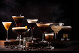 Set of classic coffee based alcohol cocktails such as espresso martini and other trendy cocktails isolated on dark background with copy space. Banner with soft and alcohol drinks. Generative AI