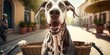 Great Dane dog have fun bicycle ride on sunshine day morning in summer on town street