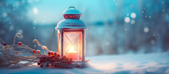 Christmas lanterns in snow, red, and white colors. Generative AI.