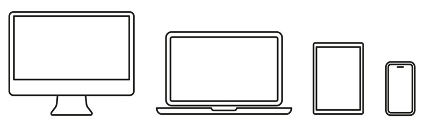 Poster - Set technology line devices icon: computer, laptop, tablet, smartphone icons. Outline mockup electronics devices monitor lines simple isolated - stock vector