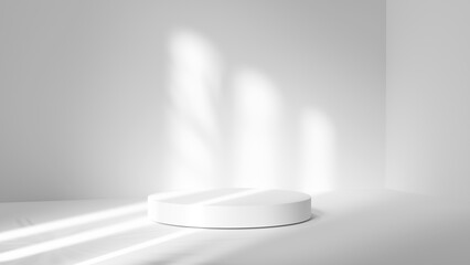 Wall Mural - white studio room with sunlight and shadows background, cylindrical white podium