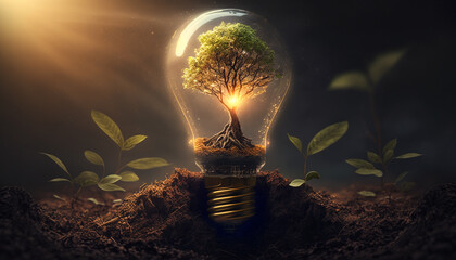 Tree growinig inside on a lightbulb concept save the world 