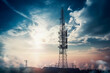 Cell phone or broadcast transmitter antenna tower with clouds background, high quality generative ai