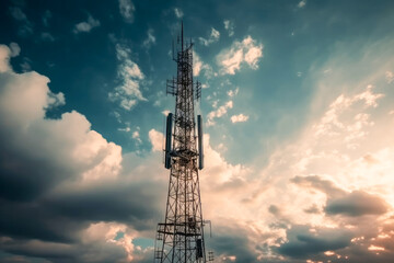 cell phone or broadcast transmitter antenna tower with clouds background, high quality generative ai
