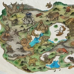 Fantasy Map With Islands, Creatures, And Vegetation, Generative AI