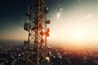 Cell phone or broadcast transmitter antenna tower with cityscape background, and setting sun with connections concept, high quality generative ai