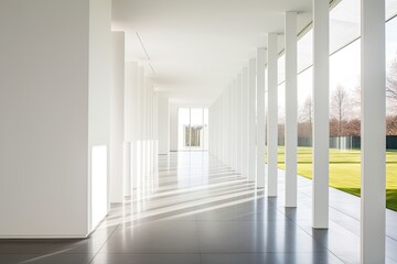 Wall Mural - the sunlight seeps through the columns in a long, white hallway. generative ai