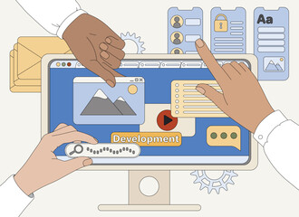 Flat vector hands of programmers working on website, banner, coding web page or mobile app. Team of designers create ux design, holding ui template. Cms development. Landing page and research concept.
