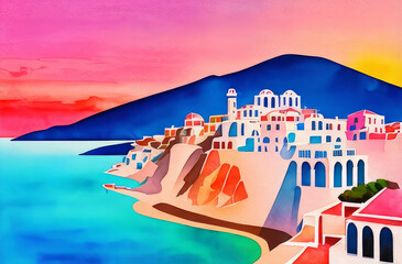 a colorful watercolor painting of a town by the sea.