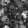 © OA_Creation - Monochrome grunge camouflage pattern with human skulls with red eye, spiders, spiderweb, blots, halftone shapes. Random chaotic composition. Good for apparel, clothing, fabric, textile, sport goods.