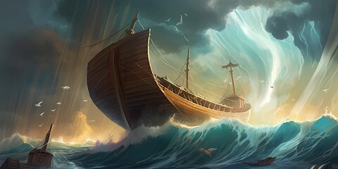 Noah's Ark in high waves, generative ai