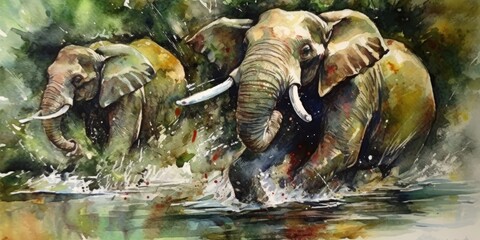 elephants in the wild, with impressive tusks, watercolor painting, generative ai