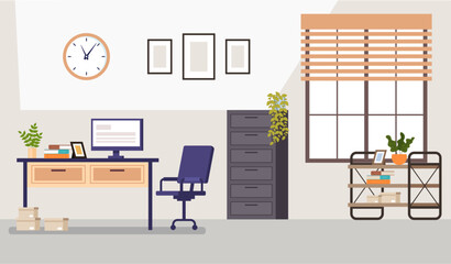 Wall Mural - Office interior space workspace modern desk concept. Vector cartoon graphic design element illustration