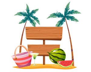 Wall Mural - Island beach summer sand wooden board isolated concept. Vector cartoon graphic design element illustration