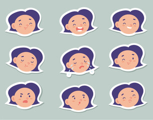Wall Mural - Kid children face emotion expression avatar stickers isolated set concept. Vector cartoon graphic design element illustration