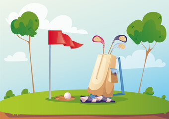 Wall Mural - Golf green landscape tournament outdoor concept. Vector cartoon graphic design element illustration
