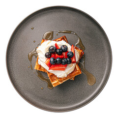 Wall Mural - Isolated portion of sweet belgian waffles with cream and berries