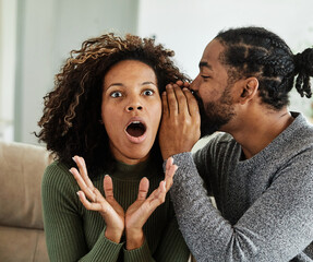 Wall Mural - woman couple man happy happiness love young gossip secret whispering communication whisper talking ear friend friendship news talk surprise listening expression conversation telling rumor