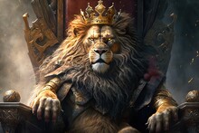 A Kingly Lion Wearing A Crown Sits On A Throne  - Generative AI
