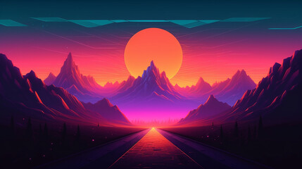 Synthwave style landscape with road, mountains, and sunset Generative AI