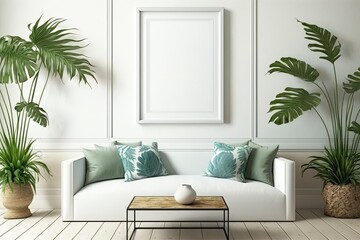 Blank Frame Mockup in an Tropical Living Room Interior Design - Generative AI
