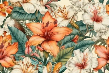 Wall Mural - Seamless pattern Summer beautiful fantasy vintage wallpaper all tropical botanical flowers bunch,vintage motif for floral print digital background.generative ai.