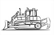 Sketch of bulldozer with fang. Side view of a bulldozer for paving the road, commercial vehicle. Heavy backhoe construction machines equipment. Earth mover, bulldozer with tusk. Crawler bulldozer line