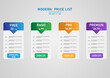 © Somsak - Modern Infograph subscription price list multi colored squares button with text above the letter price numbers vertical check mark gray gradient background
