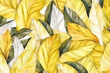 Poster - Isolated on a white background, tropical foliage are painted in a seamless watercolor pattern. Generative AI