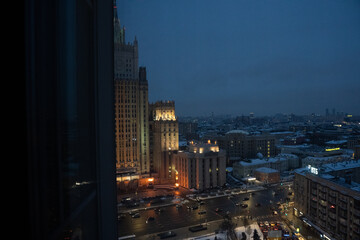 Wall Mural - Panorama of the night streets of Moscow from above with the lights of cars from above. Moscow, Russia - 22 Nov 2022
