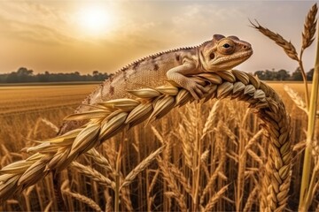 Sticker - Asia Chameleon with a barley field in the backdrop. Close up. Generative AI