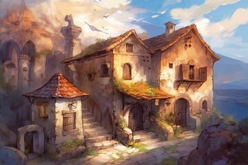 Sticker - abandoned town in 2D anime style. Generative AI