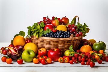 Canvas Print - a basket of fresh produce and fruit on a white backdrop. Generative AI