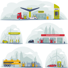 Wall Mural - Gas and Electricity Filling Station as Facility Selling Fuel for Motor Vehicle Vector Set