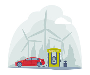 Wall Mural - Electricity Filling Station with Wind Generator as Facility for Motor Vehicle Vector Illustration