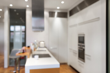 Wall Mural - Defocused Shot Of Stylish Kitchen Interior In Modern Apartment