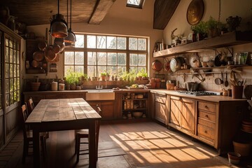 Old kitchen in a country house. vintage decor. Wooden furniture and a large window through which the sun's rays fall. Generative AI.