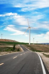 Wall Mural - Vertical shot of an open road in the middle of an agricultural field with wind turbines